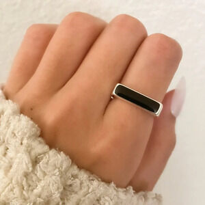 925 Sterling Silver Black Bar Ring Minimalist Rectangle Ring Geometric Ring